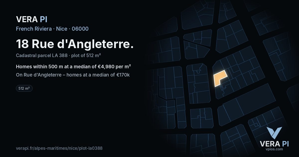 18 Rue d'Angleterre, Nice at night – the plot lit, the parcels around coloured by the prices near them
