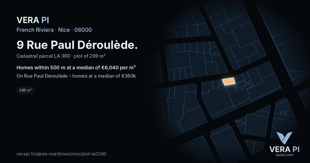 9 Rue Paul Déroulède, Nice at night – the plot lit, the parcels around coloured by the prices near them