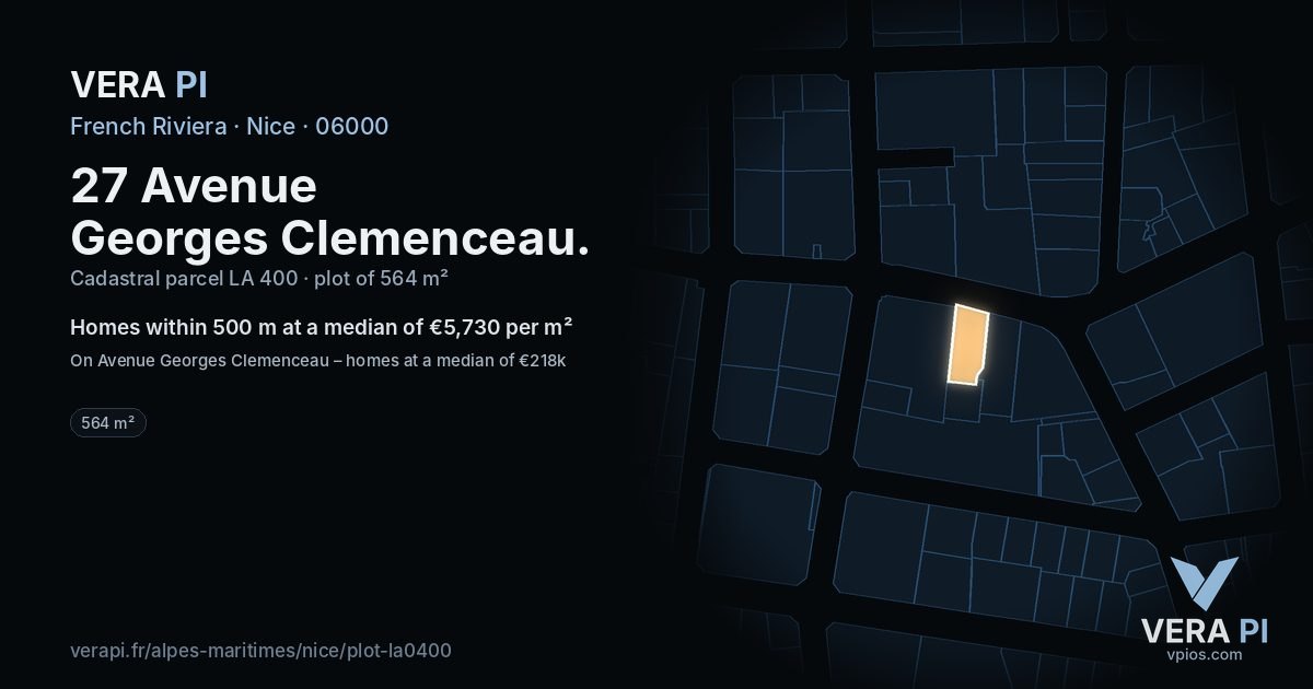 27 Avenue Georges Clemenceau, Nice at night – the plot lit, the parcels around coloured by the prices near them