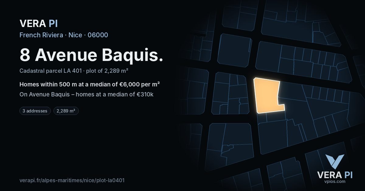 8 Avenue Baquis, Nice at night – the plot lit, the parcels around coloured by the prices near them