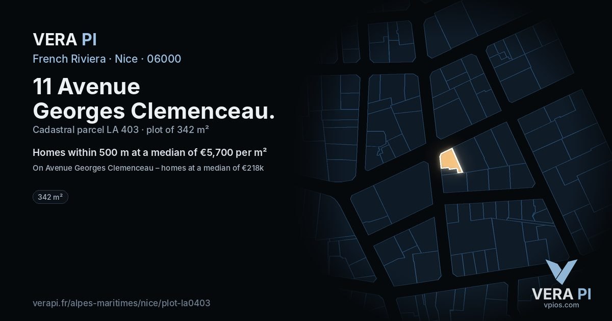 11 Avenue Georges Clemenceau, Nice at night – the plot lit, the parcels around coloured by the prices near them