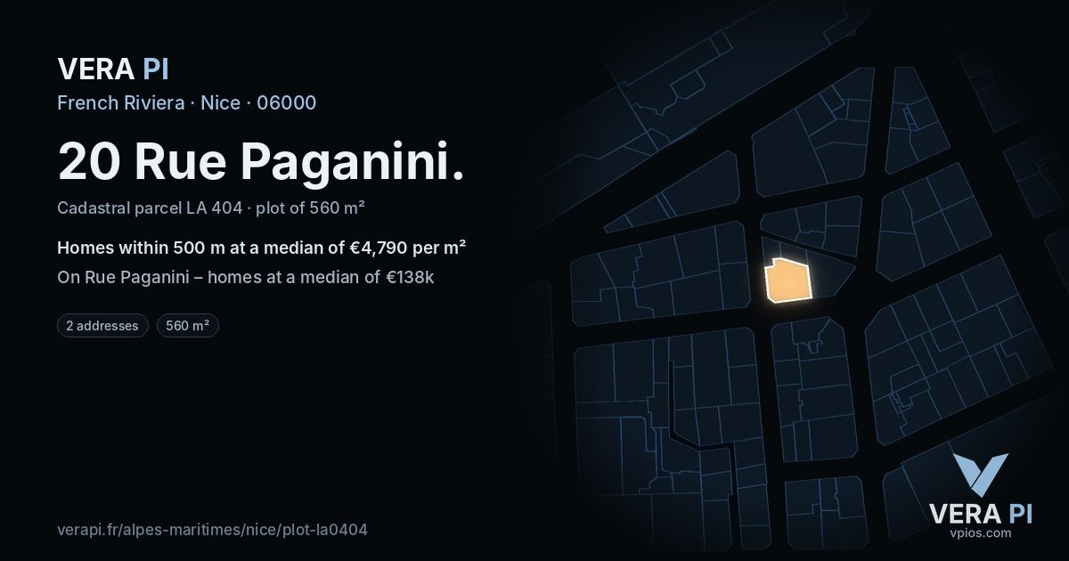 20 Rue Paganini, Nice at night – the plot lit, the parcels around coloured by the prices near them