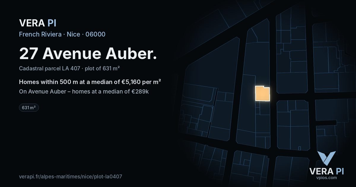 27 Avenue Auber, Nice at night – the plot lit, the parcels around coloured by the prices near them
