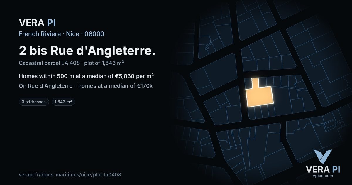 2 bis Rue d'Angleterre, Nice at night – the plot lit, the parcels around coloured by the prices near them