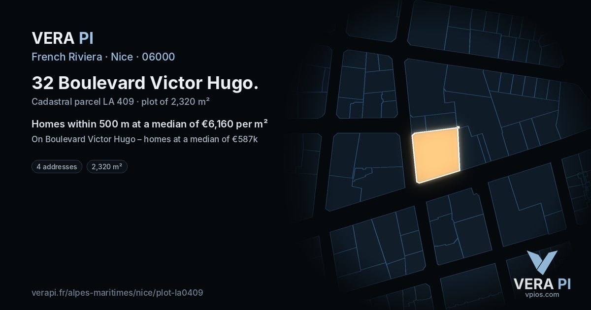 32 Boulevard Victor Hugo, Nice at night – the plot lit, the parcels around coloured by the prices near them