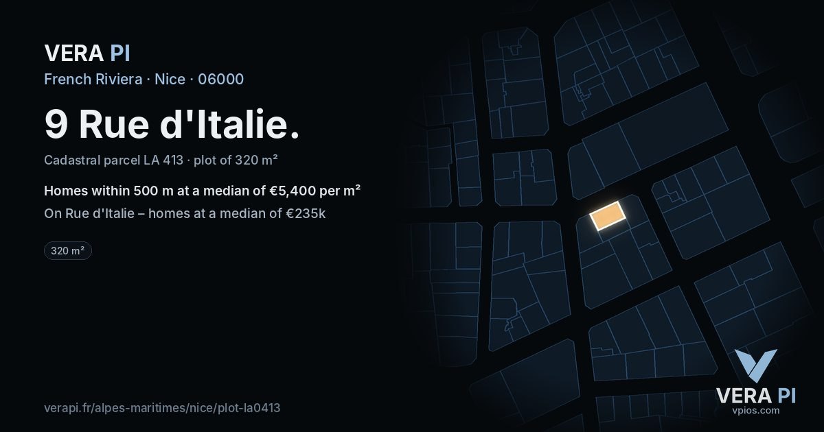 9 Rue d'Italie, Nice at night – the plot lit, the parcels around coloured by the prices near them