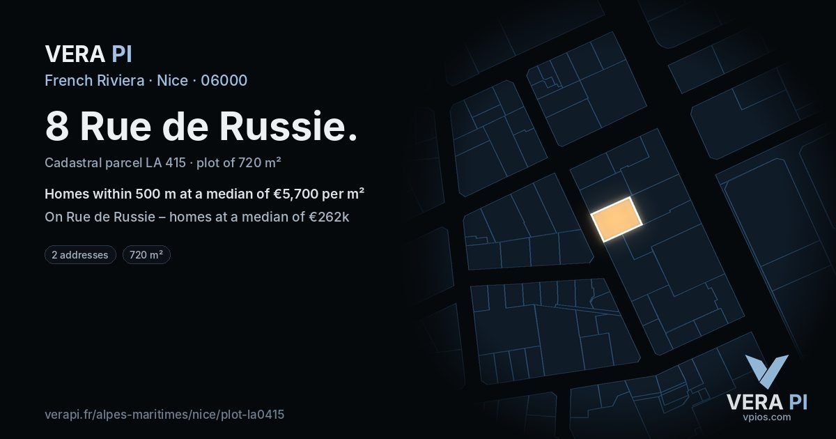 8 Rue de Russie, Nice at night – the plot lit, the parcels around coloured by the prices near them