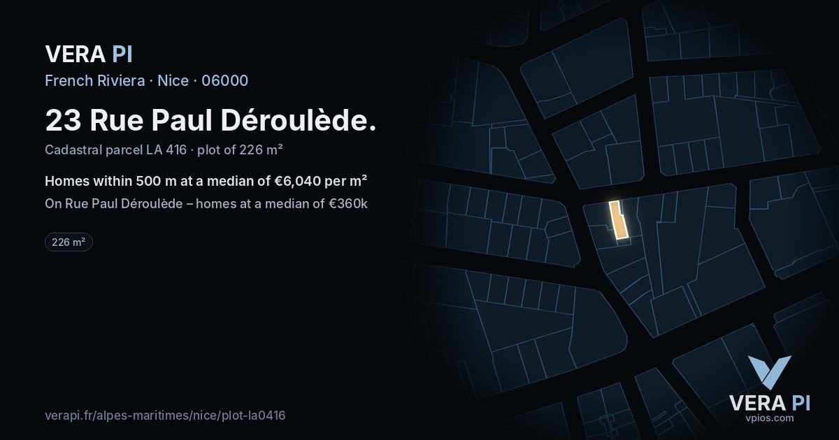 23 Rue Paul Déroulède, Nice at night – the plot lit, the parcels around coloured by the prices near them