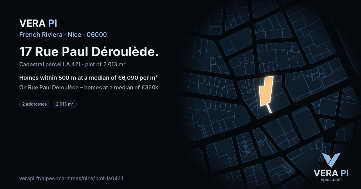 17 Rue Paul Déroulède, Nice at night – the plot lit, the parcels around coloured by the prices near them