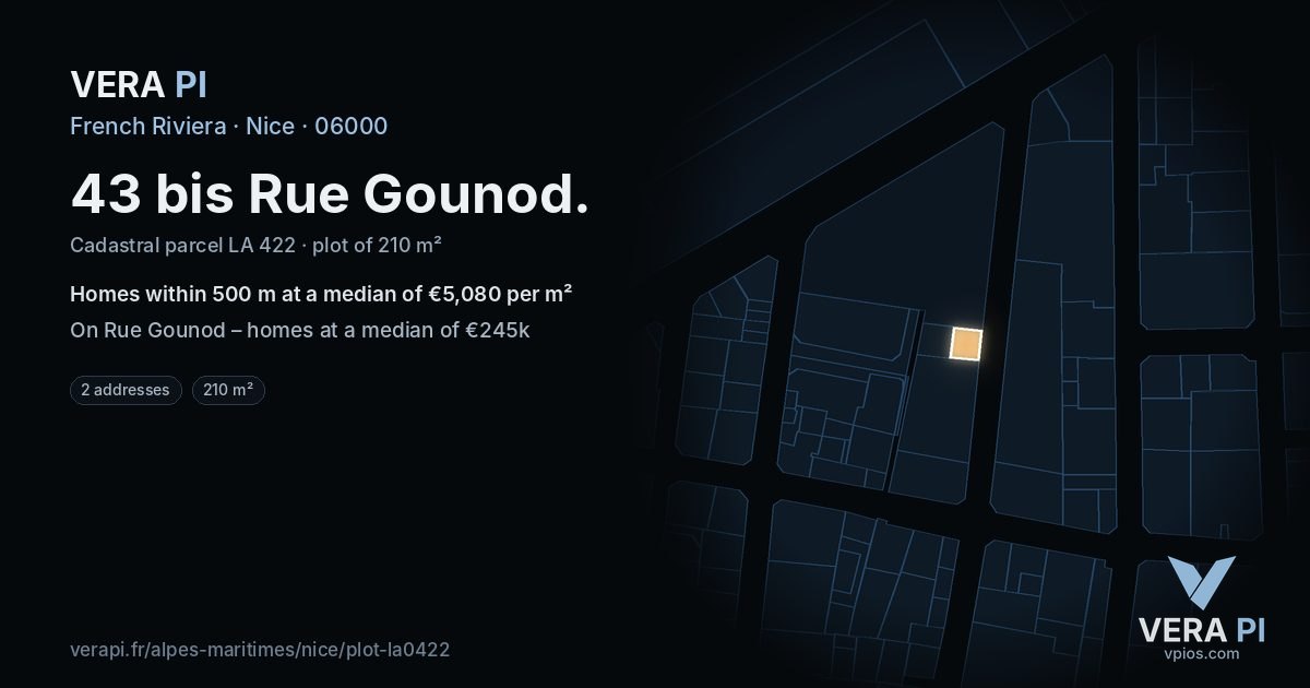 43 bis Rue Gounod, Nice at night – the plot lit, the parcels around coloured by the prices near them