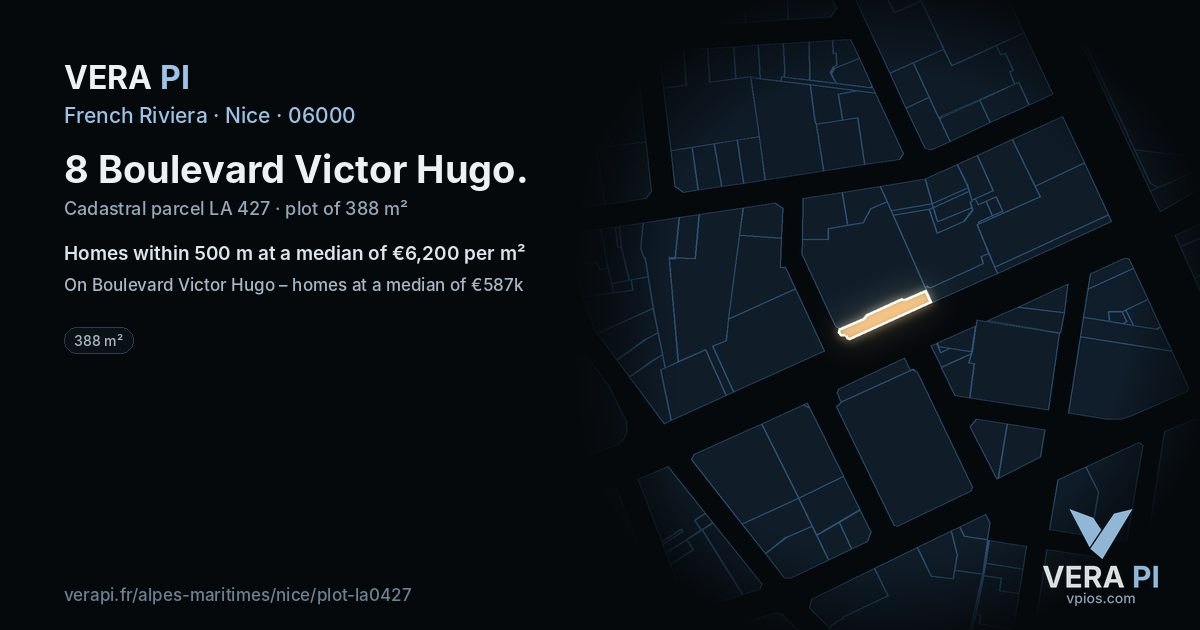 8 Boulevard Victor Hugo, Nice at night – the plot lit, the parcels around coloured by the prices near them
