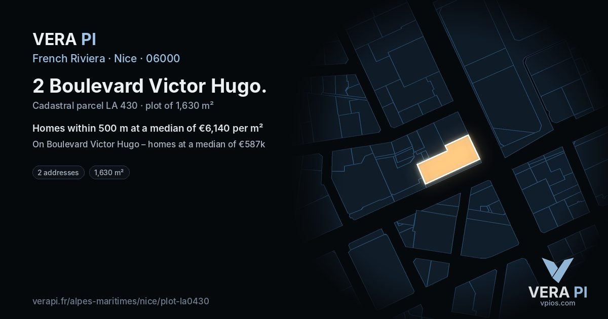 2 Boulevard Victor Hugo, Nice at night – the plot lit, the parcels around coloured by the prices near them