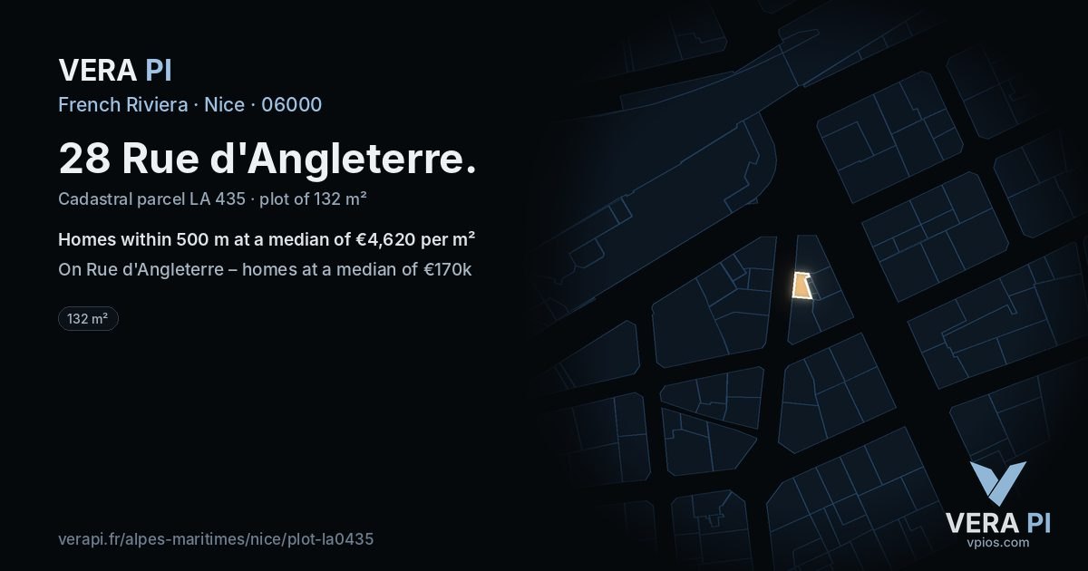 28 Rue d'Angleterre, Nice at night – the plot lit, the parcels around coloured by the prices near them