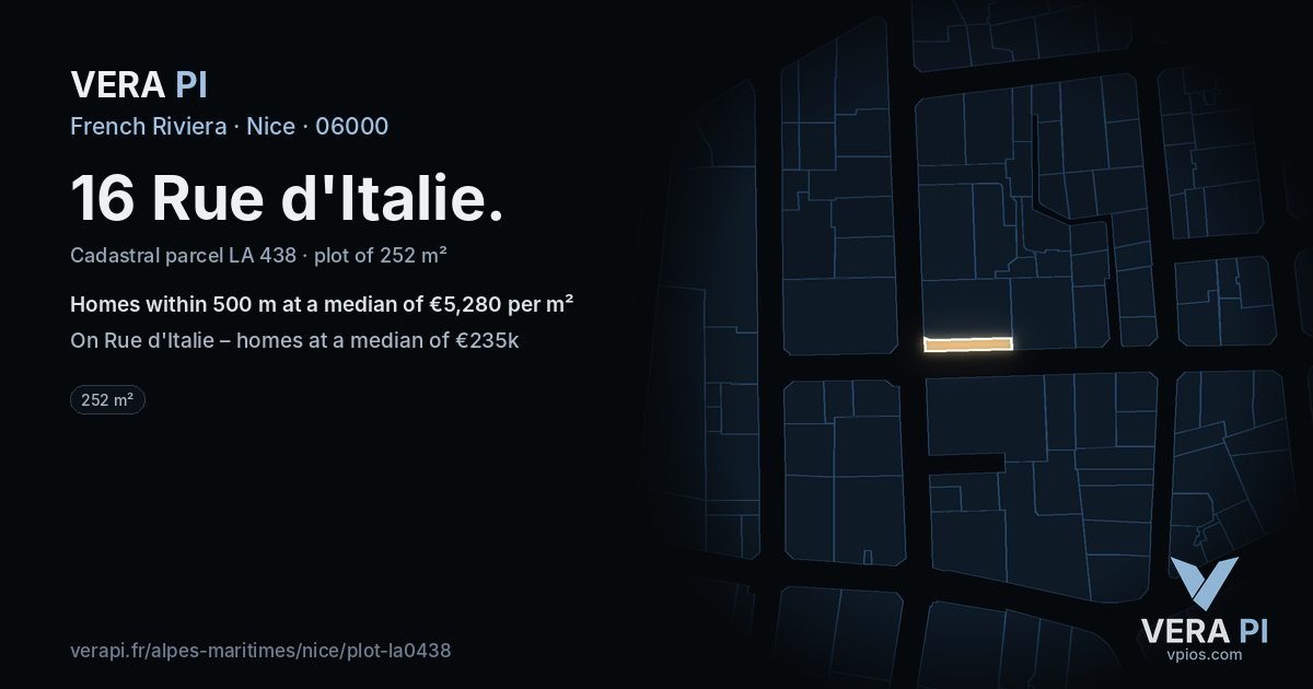 16 Rue d'Italie, Nice at night – the plot lit, the parcels around coloured by the prices near them