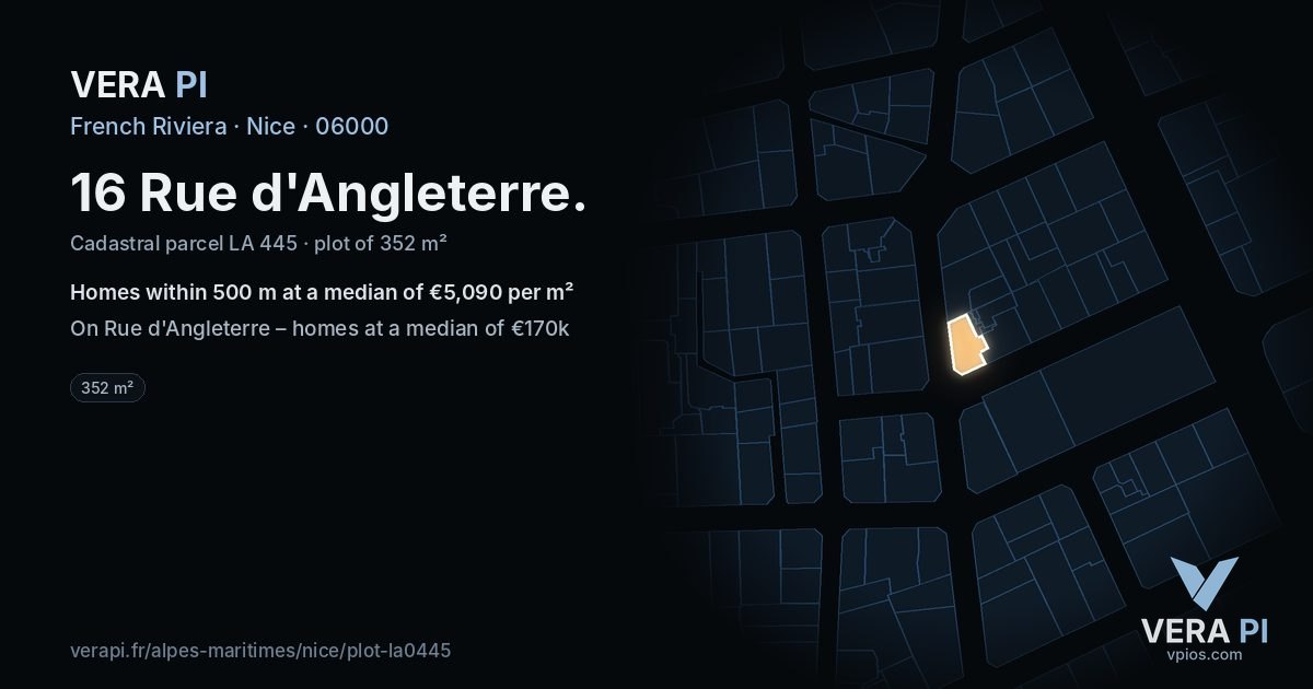 16 Rue d'Angleterre, Nice at night – the plot lit, the parcels around coloured by the prices near them