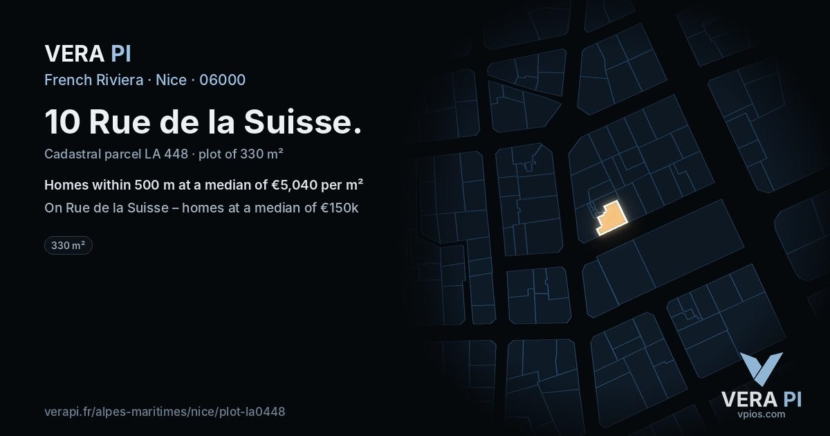 10 Rue de la Suisse, Nice at night – the plot lit, the parcels around coloured by the prices near them