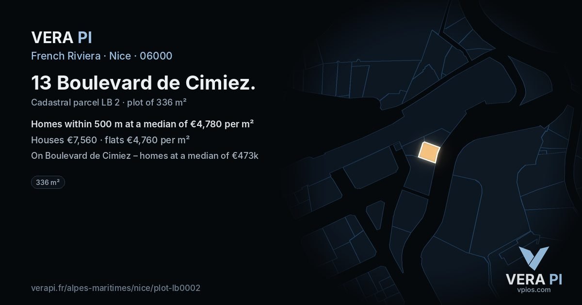 13 Boulevard de Cimiez, Nice at night – the plot lit, the parcels around coloured by the prices near them