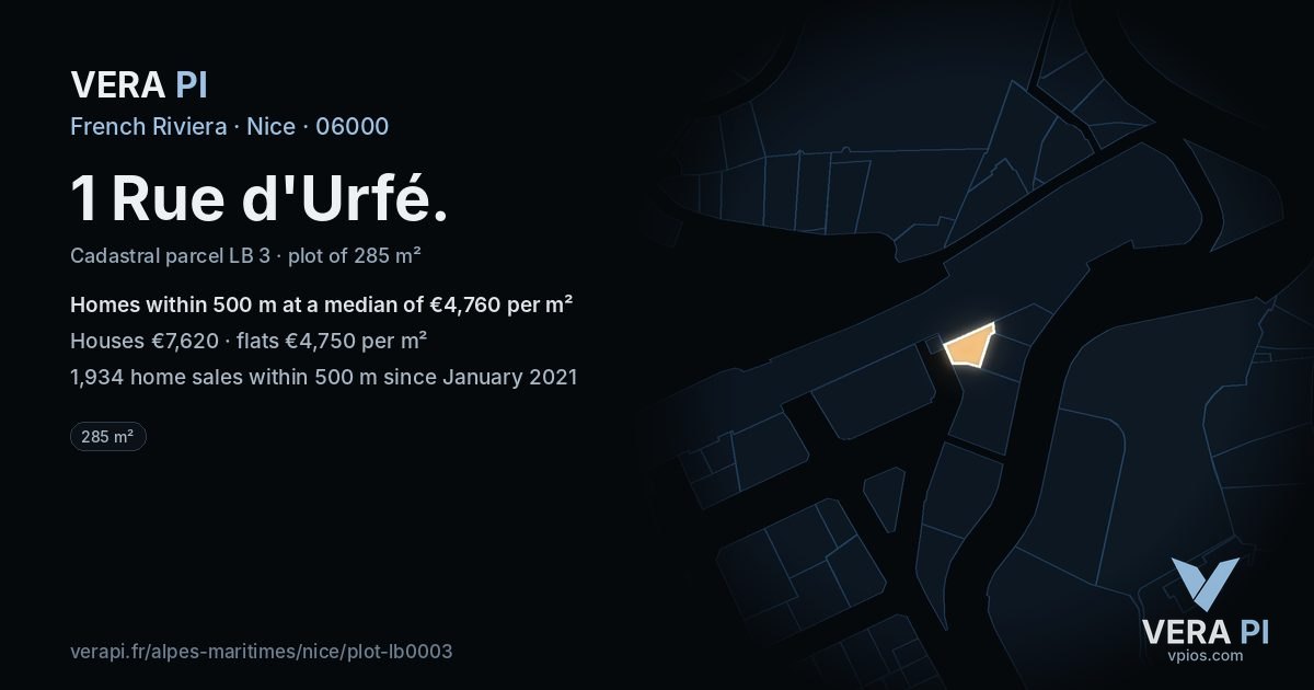 1 Rue d'Urfé, Nice at night – the plot lit, the parcels around coloured by the prices near them