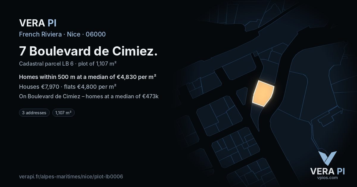 7 Boulevard de Cimiez, Nice at night – the plot lit, the parcels around coloured by the prices near them