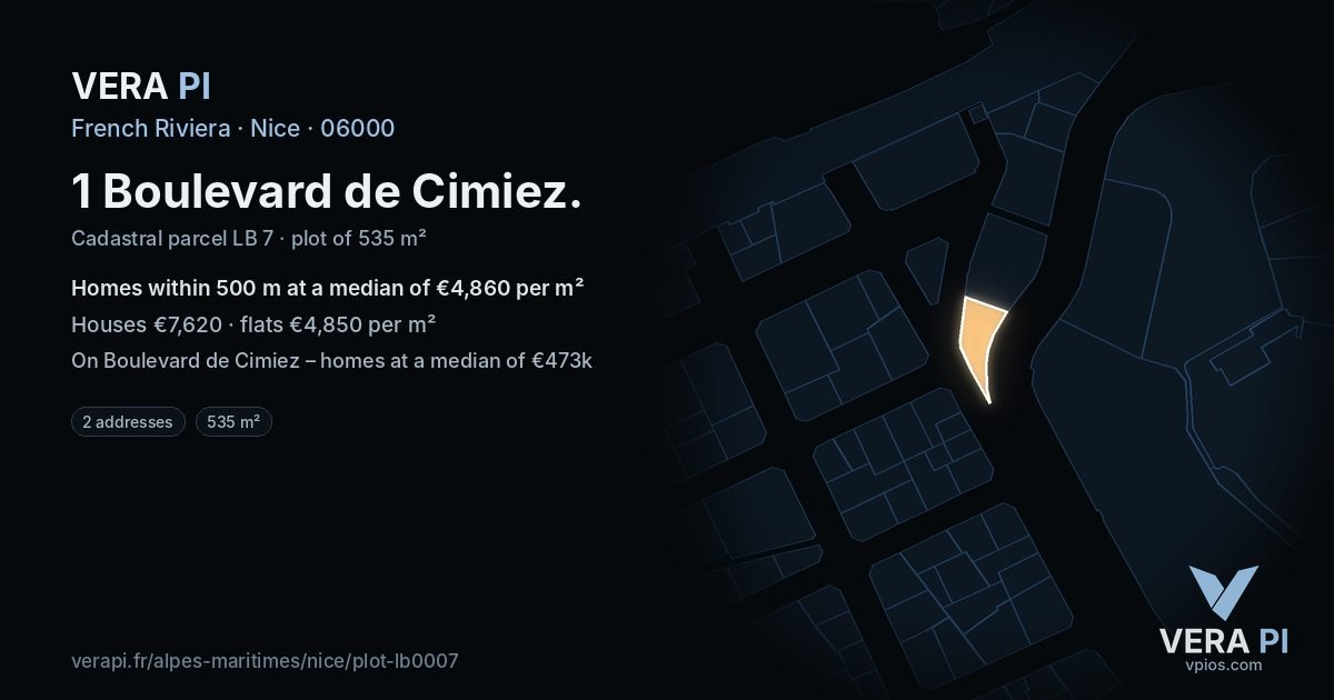 1 Boulevard de Cimiez, Nice at night – the plot lit, the parcels around coloured by the prices near them