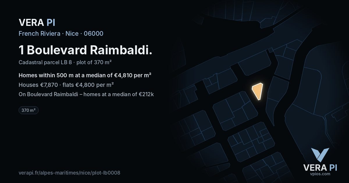 1 Boulevard Raimbaldi, Nice at night – the plot lit, the parcels around coloured by the prices near them