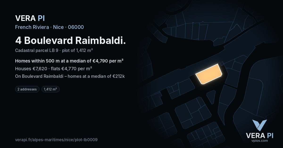 4 Boulevard Raimbaldi, Nice at night – the plot lit, the parcels around coloured by the prices near them
