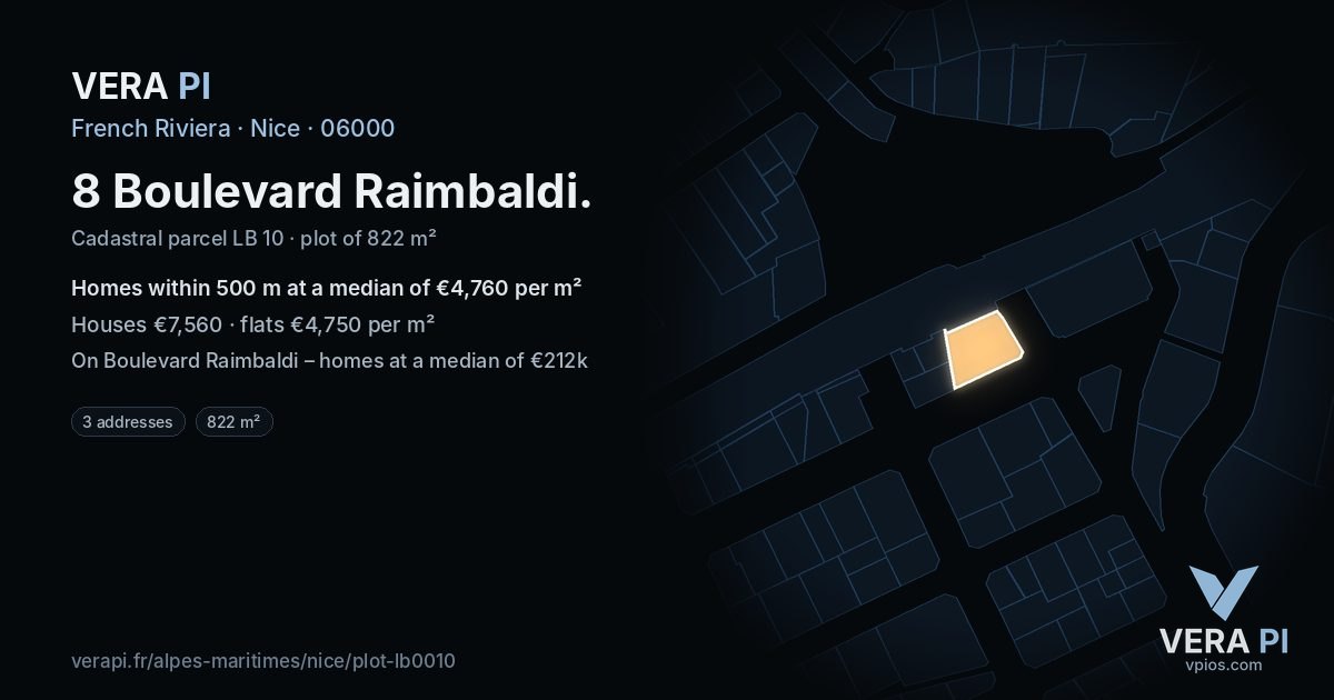 8 Boulevard Raimbaldi, Nice at night – the plot lit, the parcels around coloured by the prices near them