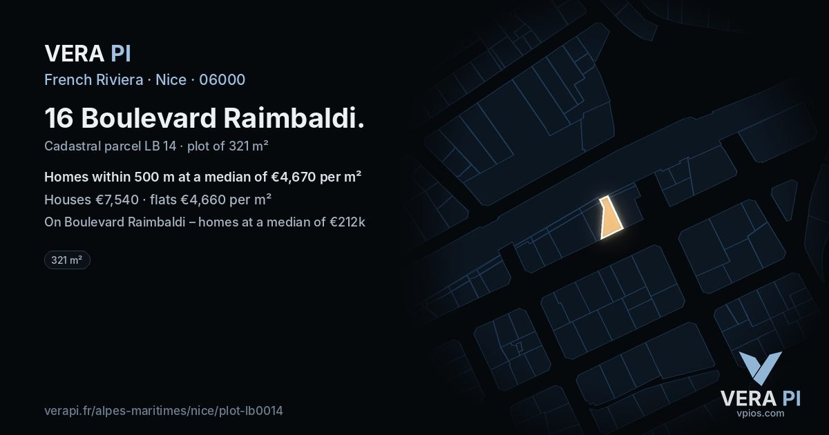 16 Boulevard Raimbaldi, Nice at night – the plot lit, the parcels around coloured by the prices near them