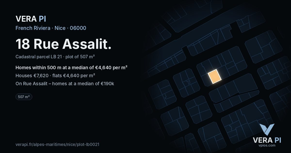18 Rue Assalit, Nice at night – the plot lit, the parcels around coloured by the prices near them