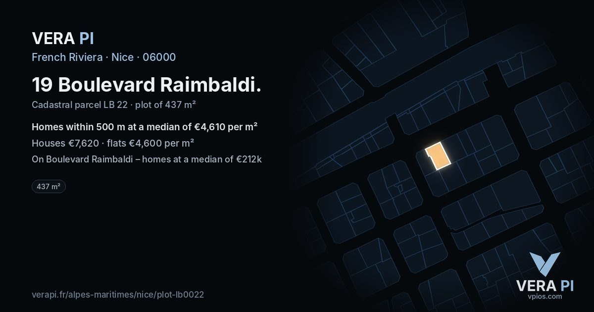 19 Boulevard Raimbaldi, Nice at night – the plot lit, the parcels around coloured by the prices near them