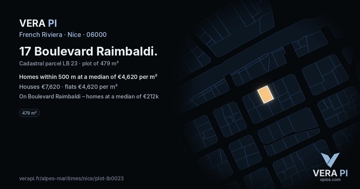 17 Boulevard Raimbaldi, Nice at night – the plot lit, the parcels around coloured by the prices near them