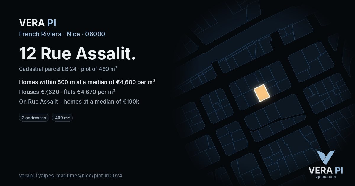 12 Rue Assalit, Nice at night – the plot lit, the parcels around coloured by the prices near them
