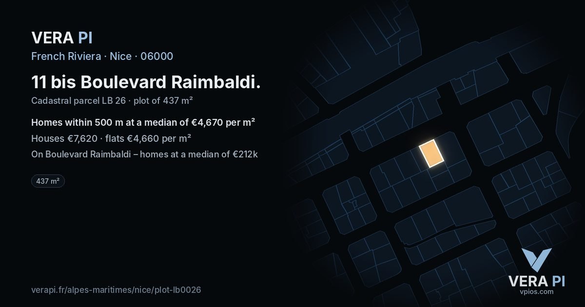 11 bis Boulevard Raimbaldi, Nice at night – the plot lit, the parcels around coloured by the prices near them