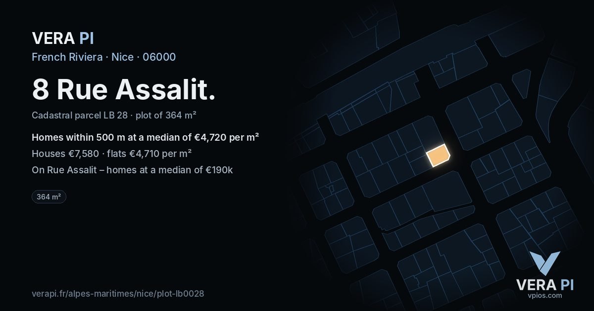 8 Rue Assalit, Nice at night – the plot lit, the parcels around coloured by the prices near them