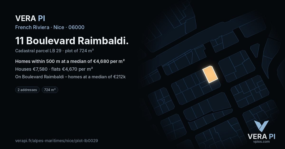 11 Boulevard Raimbaldi, Nice at night – the plot lit, the parcels around coloured by the prices near them