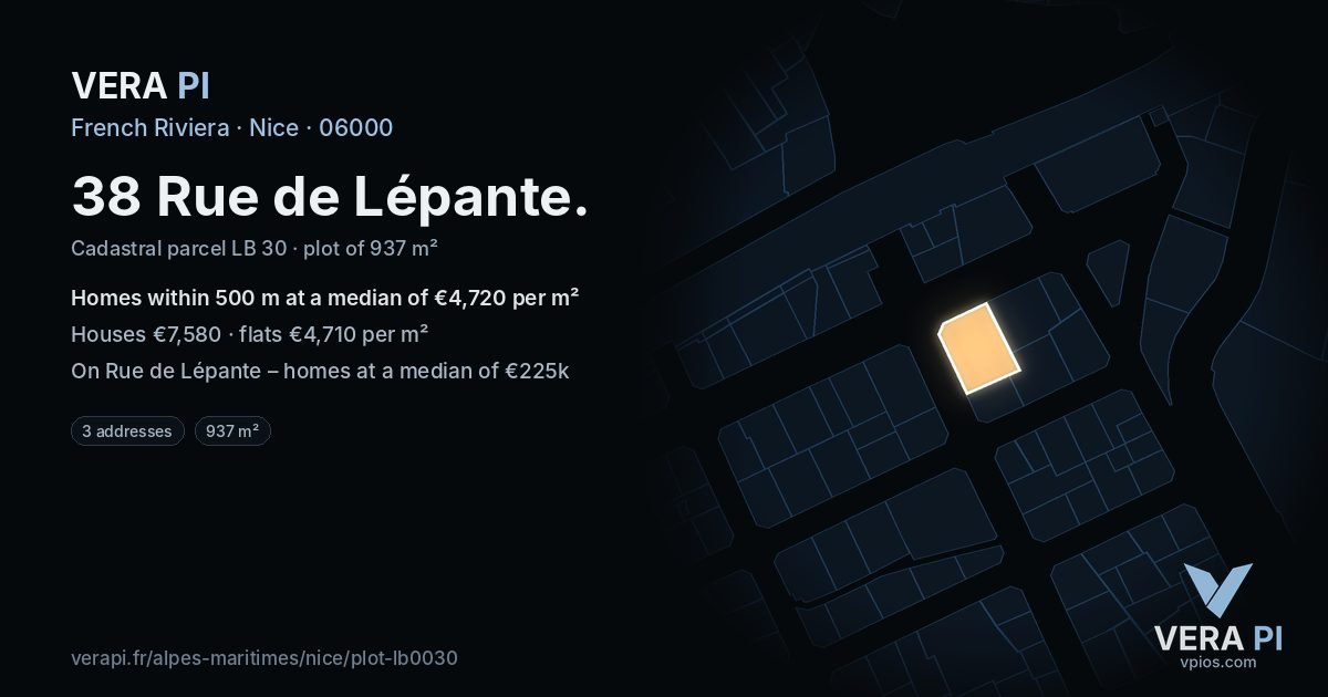 38 Rue de Lépante, Nice at night – the plot lit, the parcels around coloured by the prices near them