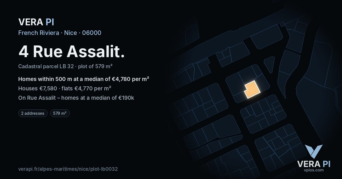 4 Rue Assalit, Nice at night – the plot lit, the parcels around coloured by the prices near them