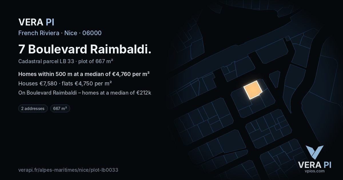 7 Boulevard Raimbaldi, Nice at night – the plot lit, the parcels around coloured by the prices near them