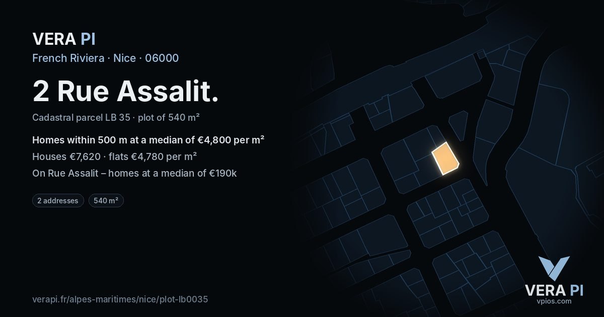 2 Rue Assalit, Nice at night – the plot lit, the parcels around coloured by the prices near them