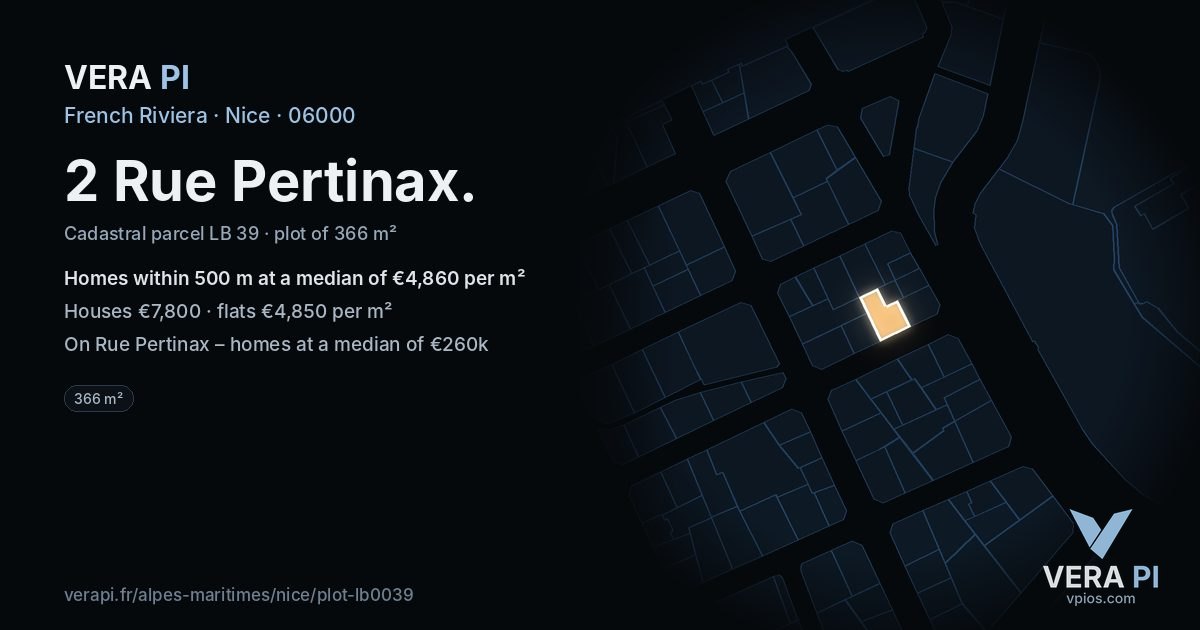 2 Rue Pertinax, Nice at night – the plot lit, the parcels around coloured by the prices near them