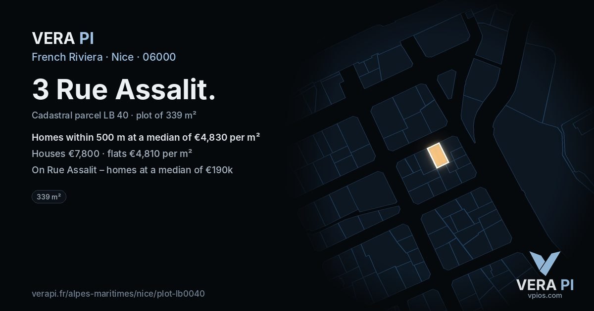 3 Rue Assalit, Nice at night – the plot lit, the parcels around coloured by the prices near them