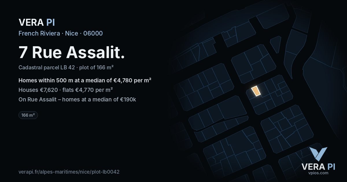 7 Rue Assalit, Nice at night – the plot lit, the parcels around coloured by the prices near them