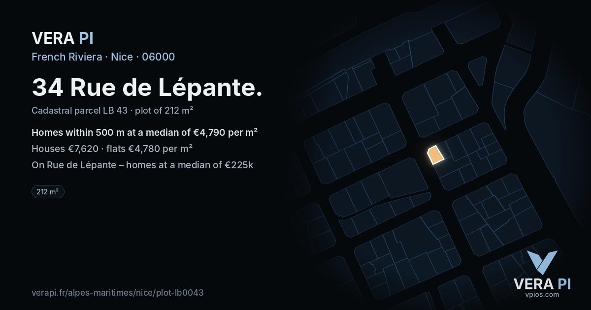 34 Rue de Lépante, Nice at night – the plot lit, the parcels around coloured by the prices near them