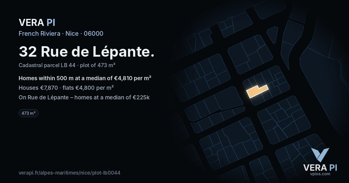 32 Rue de Lépante, Nice at night – the plot lit, the parcels around coloured by the prices near them