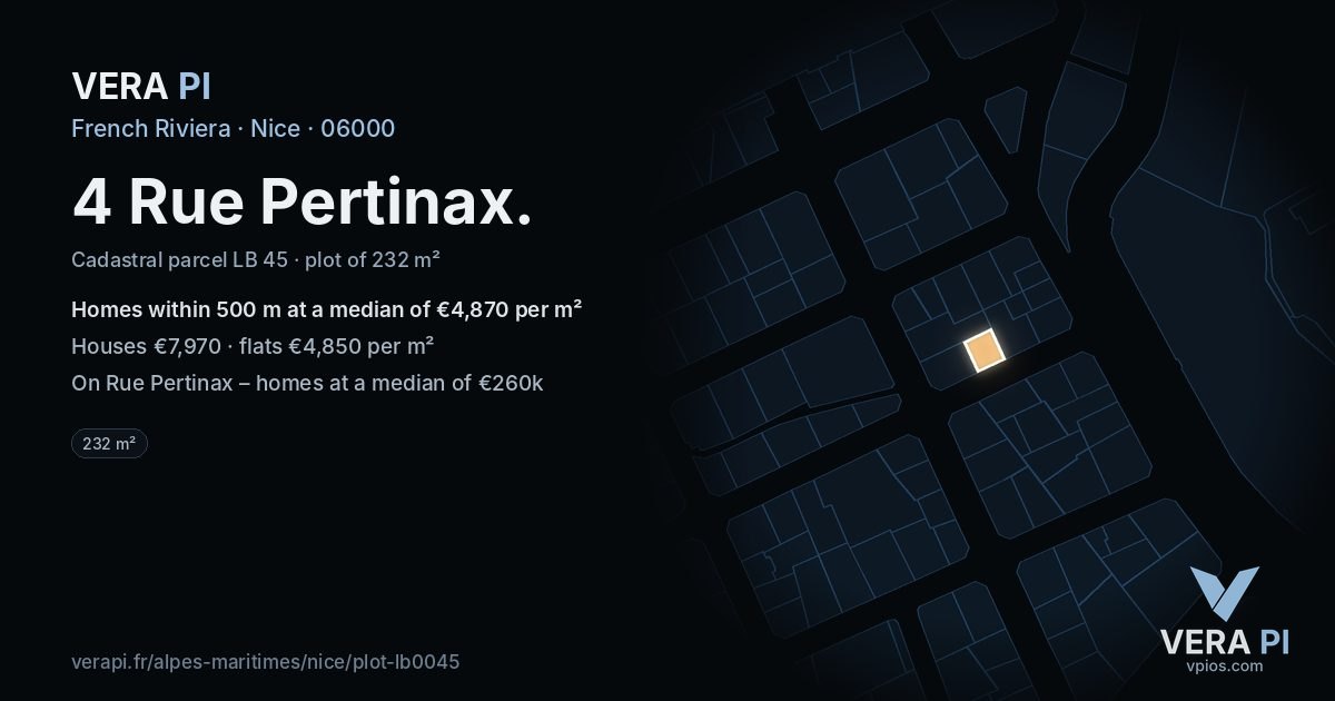 4 Rue Pertinax, Nice at night – the plot lit, the parcels around coloured by the prices near them