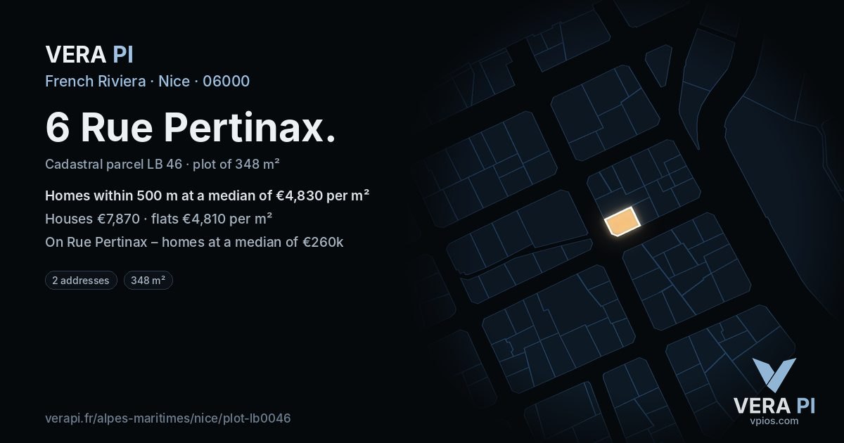 6 Rue Pertinax, Nice at night – the plot lit, the parcels around coloured by the prices near them
