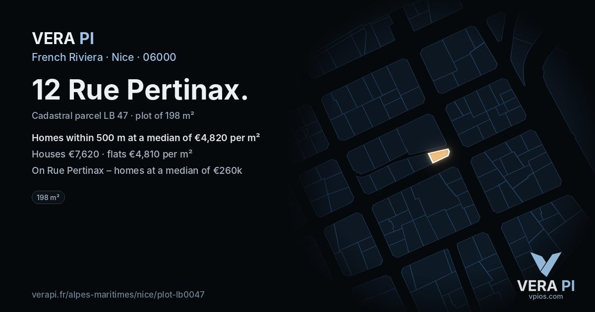 12 Rue Pertinax, Nice at night – the plot lit, the parcels around coloured by the prices near them