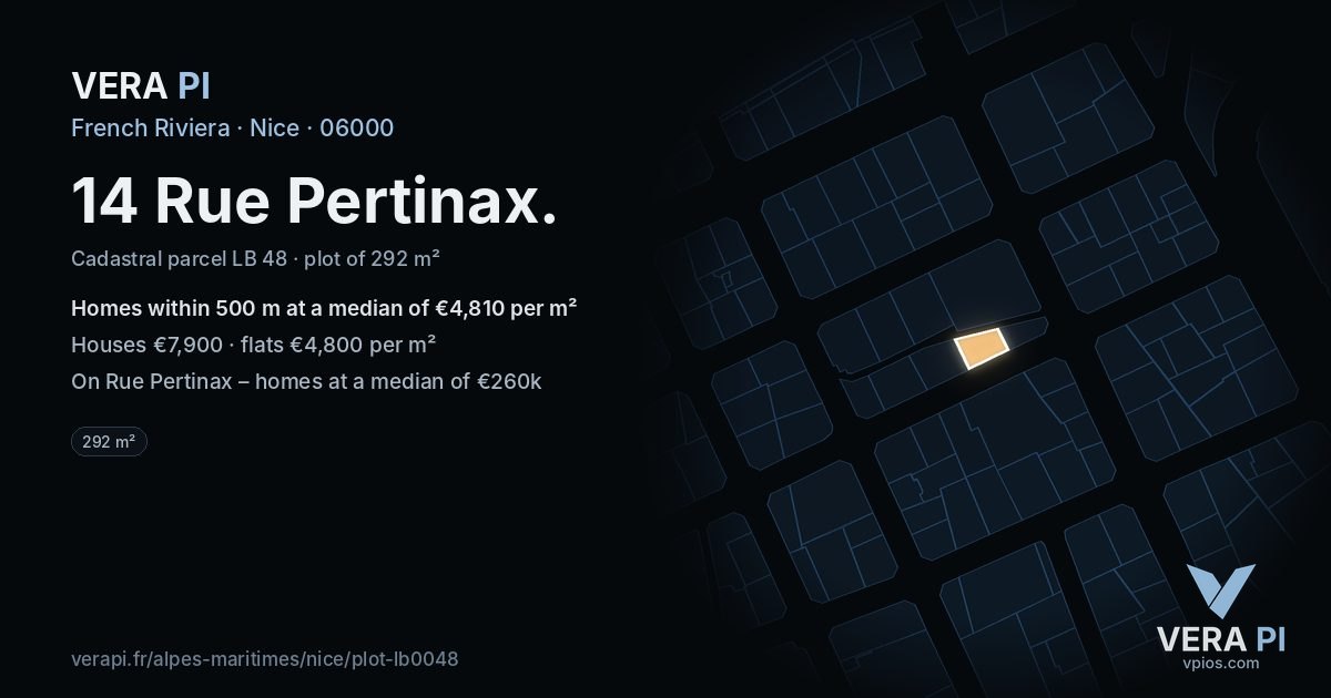 14 Rue Pertinax, Nice at night – the plot lit, the parcels around coloured by the prices near them