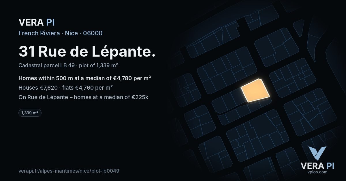31 Rue de Lépante, Nice at night – the plot lit, the parcels around coloured by the prices near them