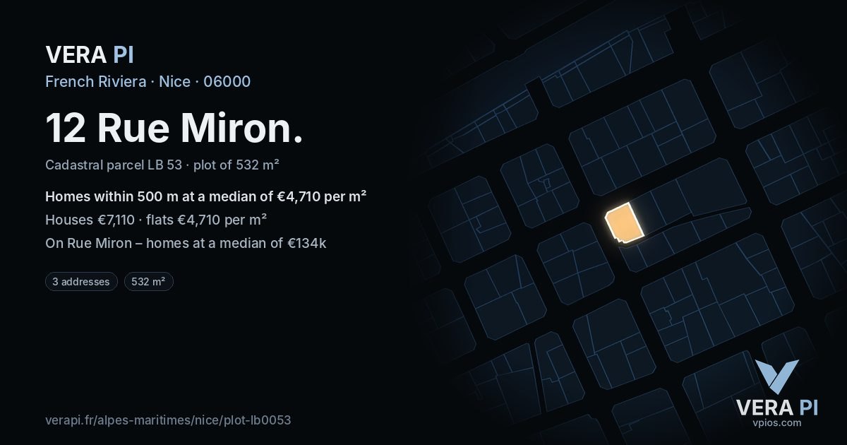 12 Rue Miron, Nice at night – the plot lit, the parcels around coloured by the prices near them